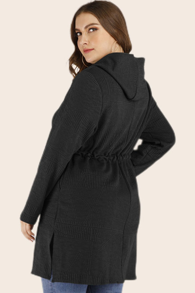 Plus Size Drawstring Waist Hooded Cardigan with Pockets - Scarlet Avenue