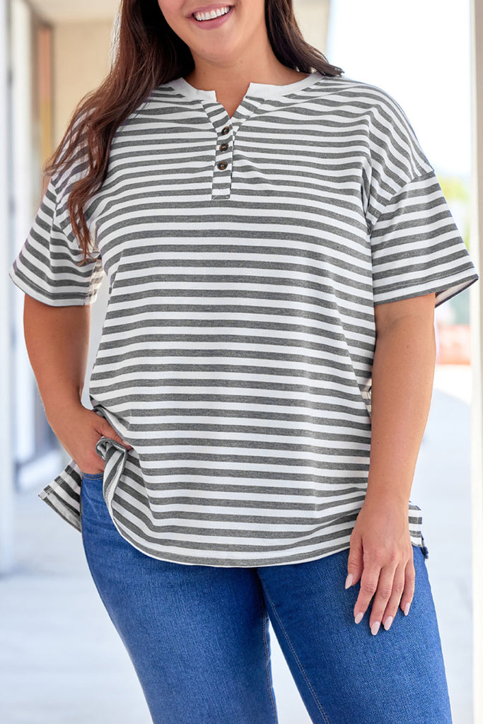 Plus Size Striped Notched Neck Short Sleeve Tee - Scarlet Avenue