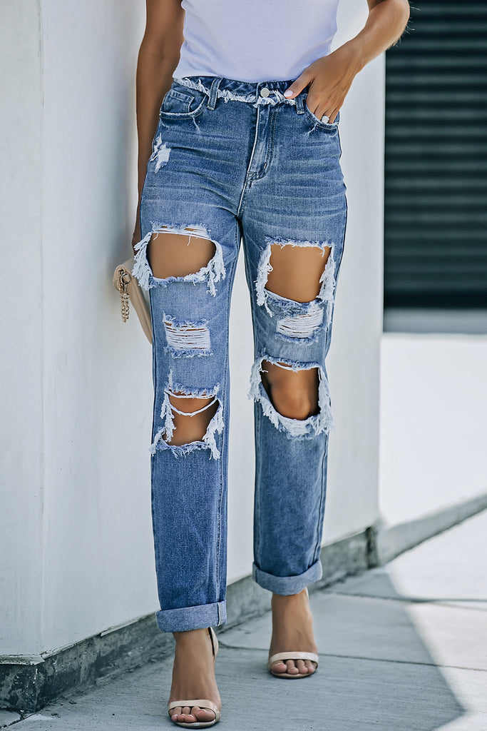 Distressed Frayed Trim Straight Leg Jeans - Scarlet Avenue