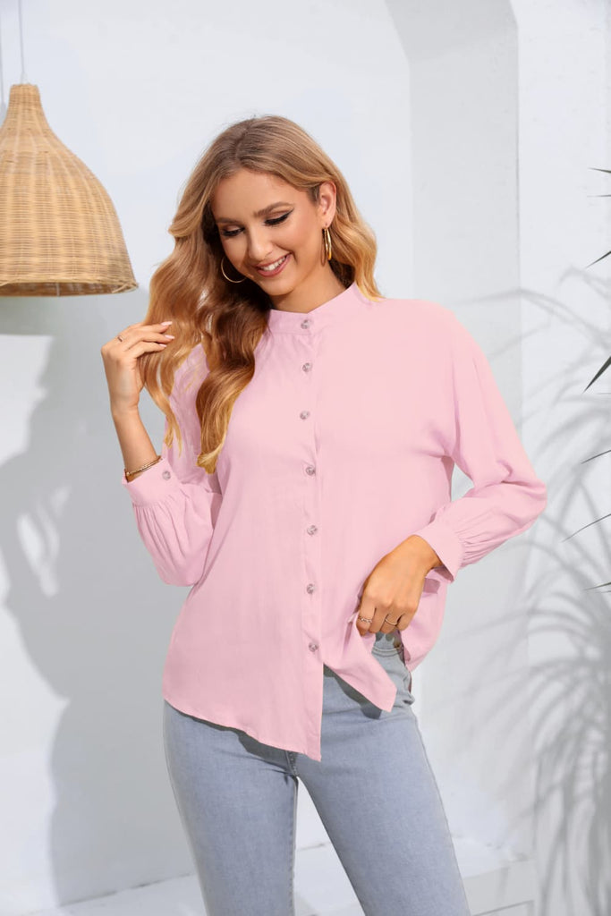 Mock Neck Buttoned Long Sleeve Shirt - Scarlet Avenue