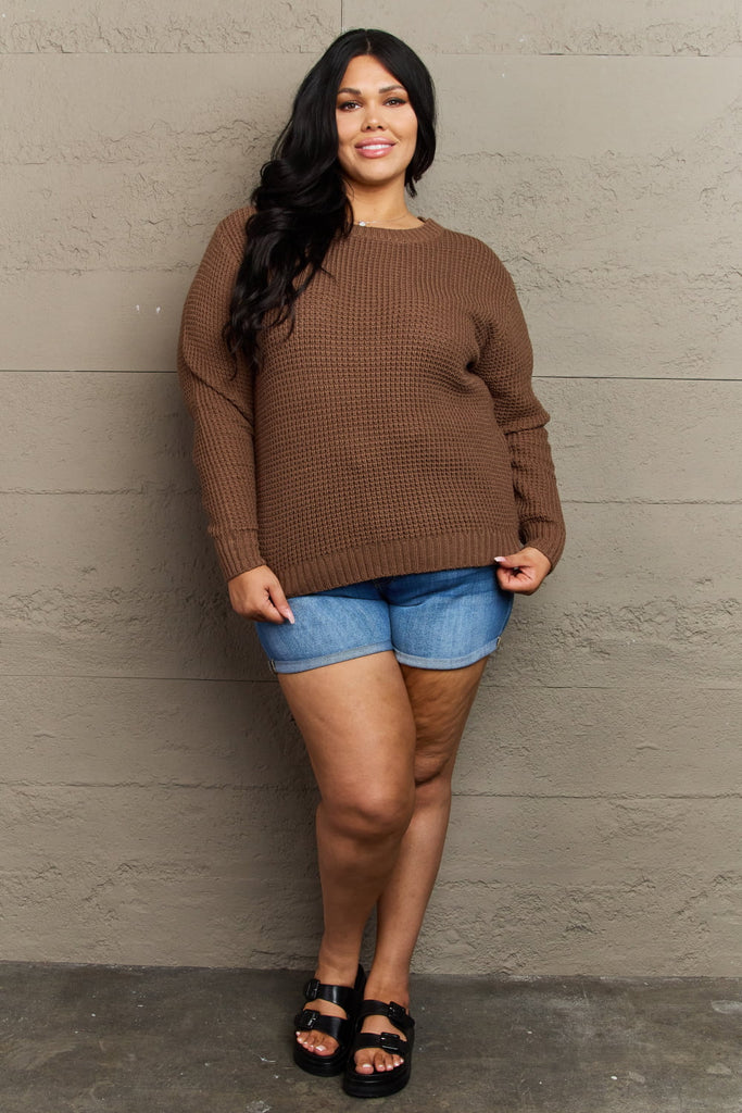 Zenana Breezy Days Plus Size High Low Waffle Knit Sweater - Scarlet Avenue