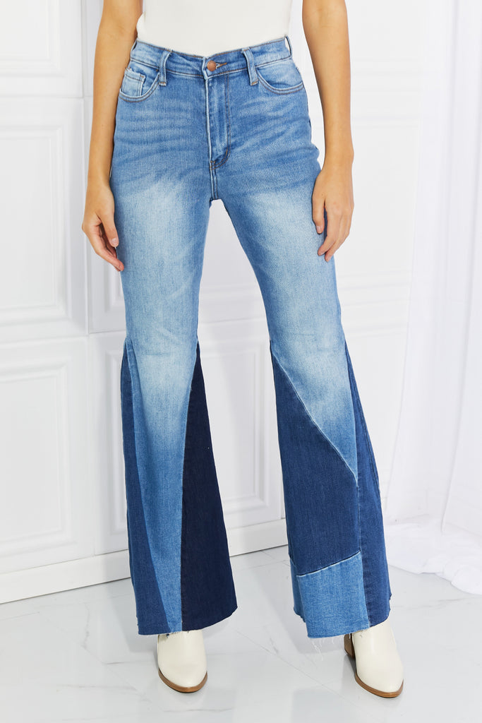 Vibrant Sienna Full Size Color Block Flare Jeans - Scarlet Avenue