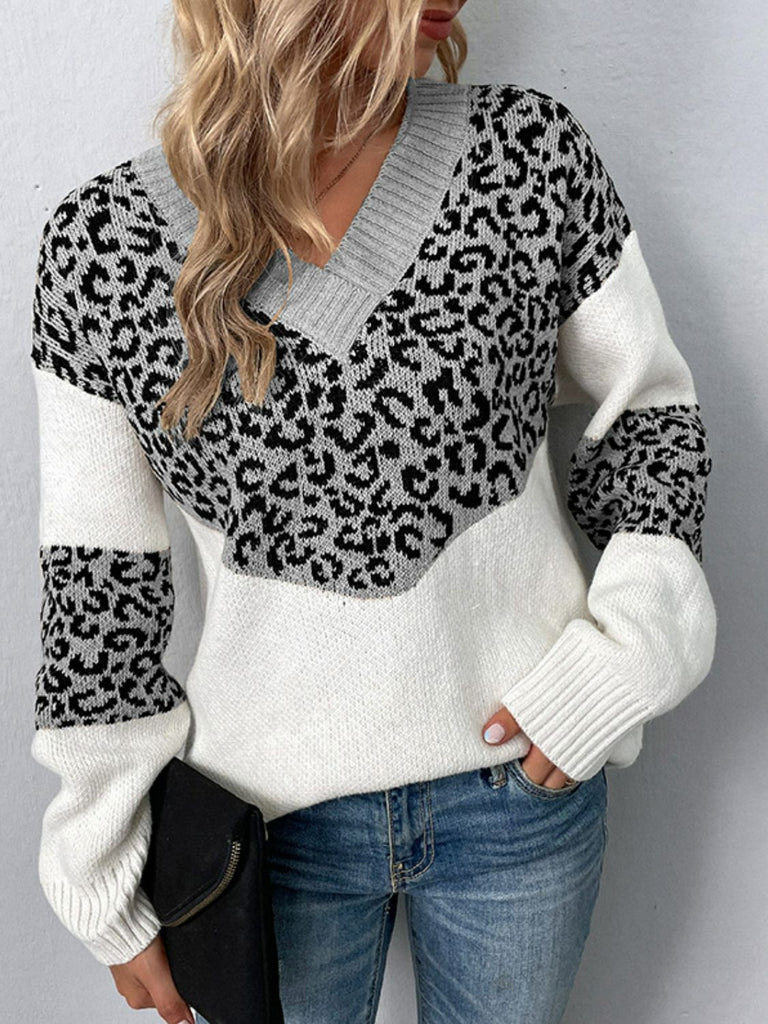 Leopard V-Neck Dropped Shoulder Sweater - Scarlet Avenue