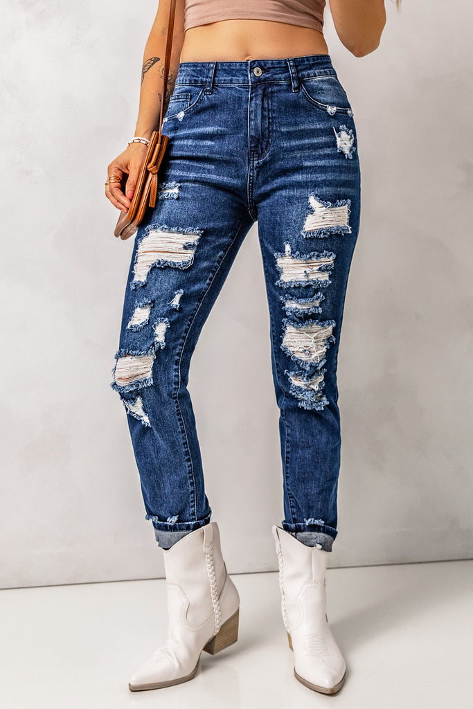 Distressed High Waist Jeans with Pockets - Scarlet Avenue