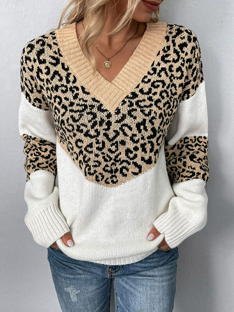 Leopard V-Neck Dropped Shoulder Sweater - Scarlet Avenue