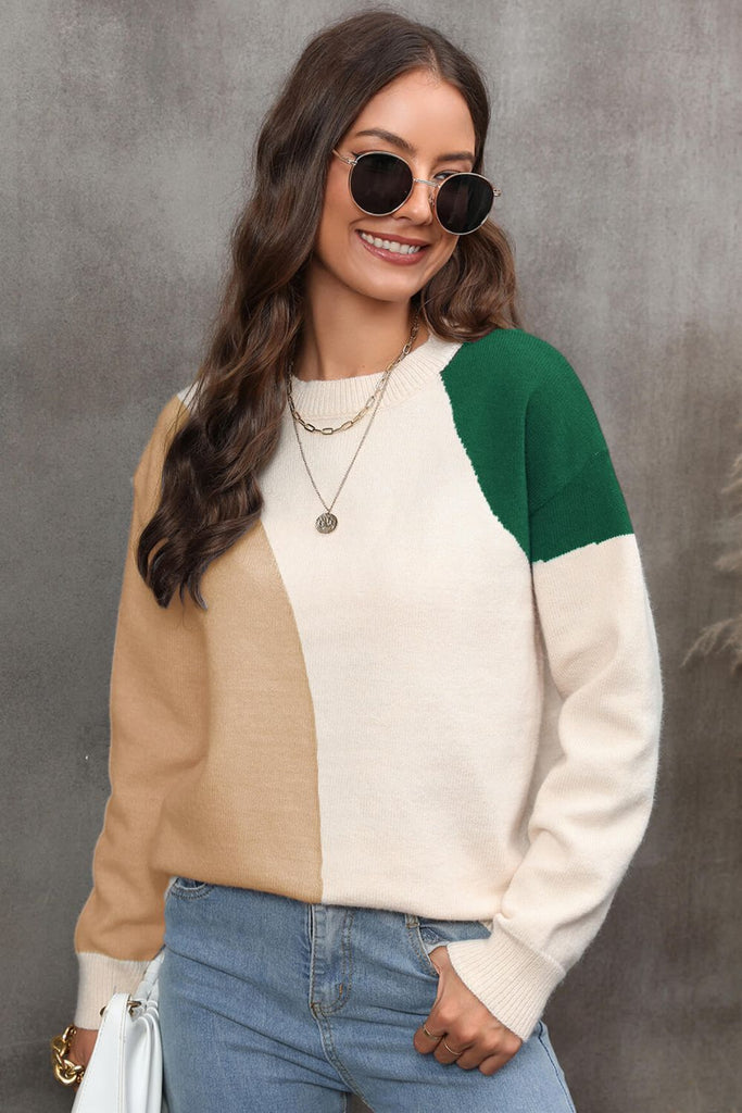 Color Block Ribbed Cuff Drop Shoulder Sweater - Scarlet Avenue