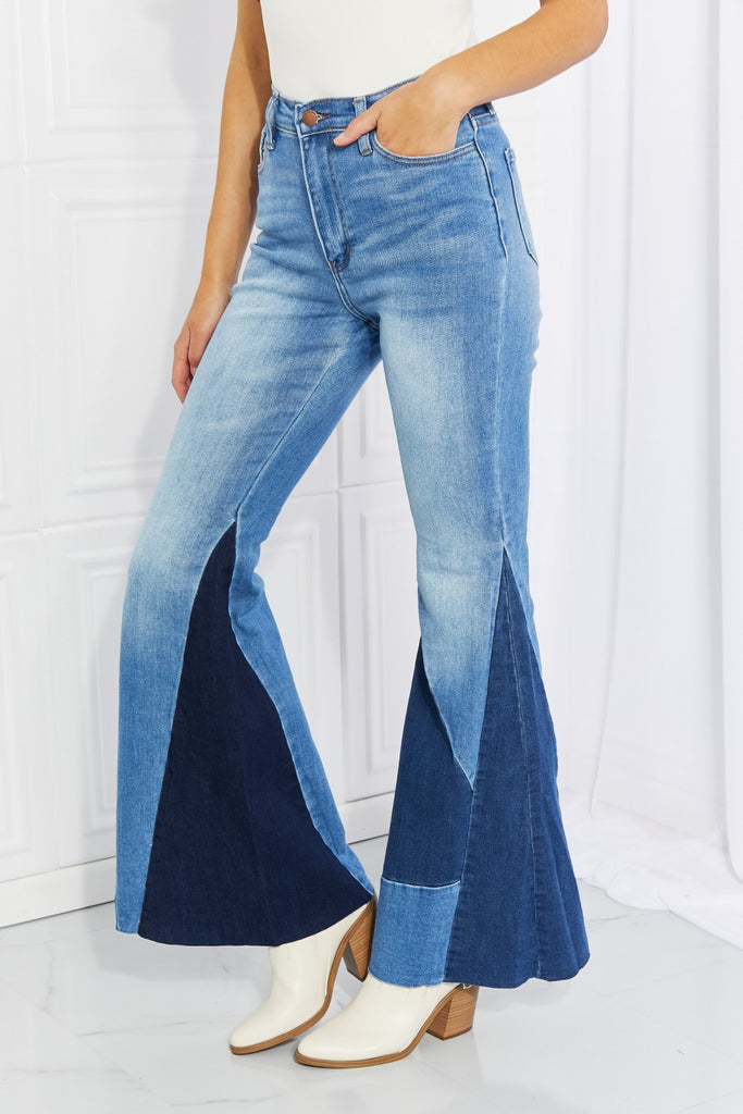 Vibrant Sienna Full Size Color Block Flare Jeans - Scarlet Avenue