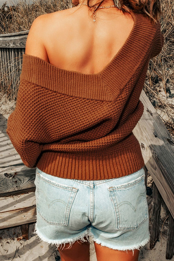 Rib-Knit Drop Shoulder V-Neck Sweater - Scarlet Avenue