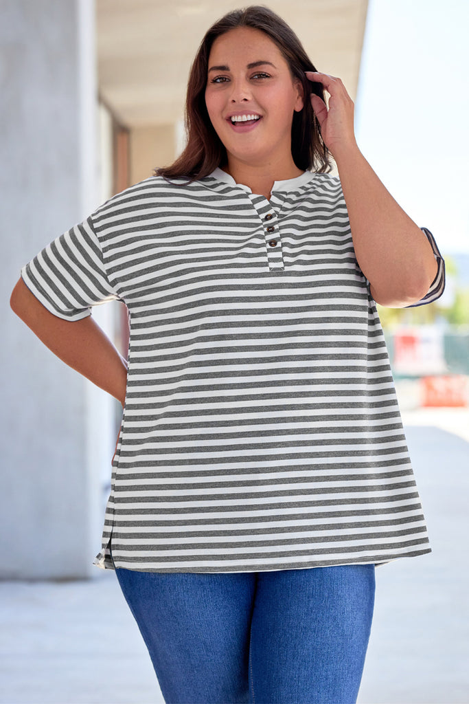 Plus Size Striped Notched Neck Short Sleeve Tee - Scarlet Avenue