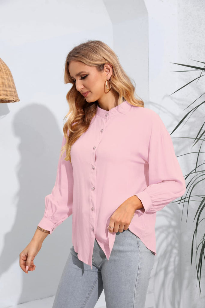 Mock Neck Buttoned Long Sleeve Shirt - Scarlet Avenue